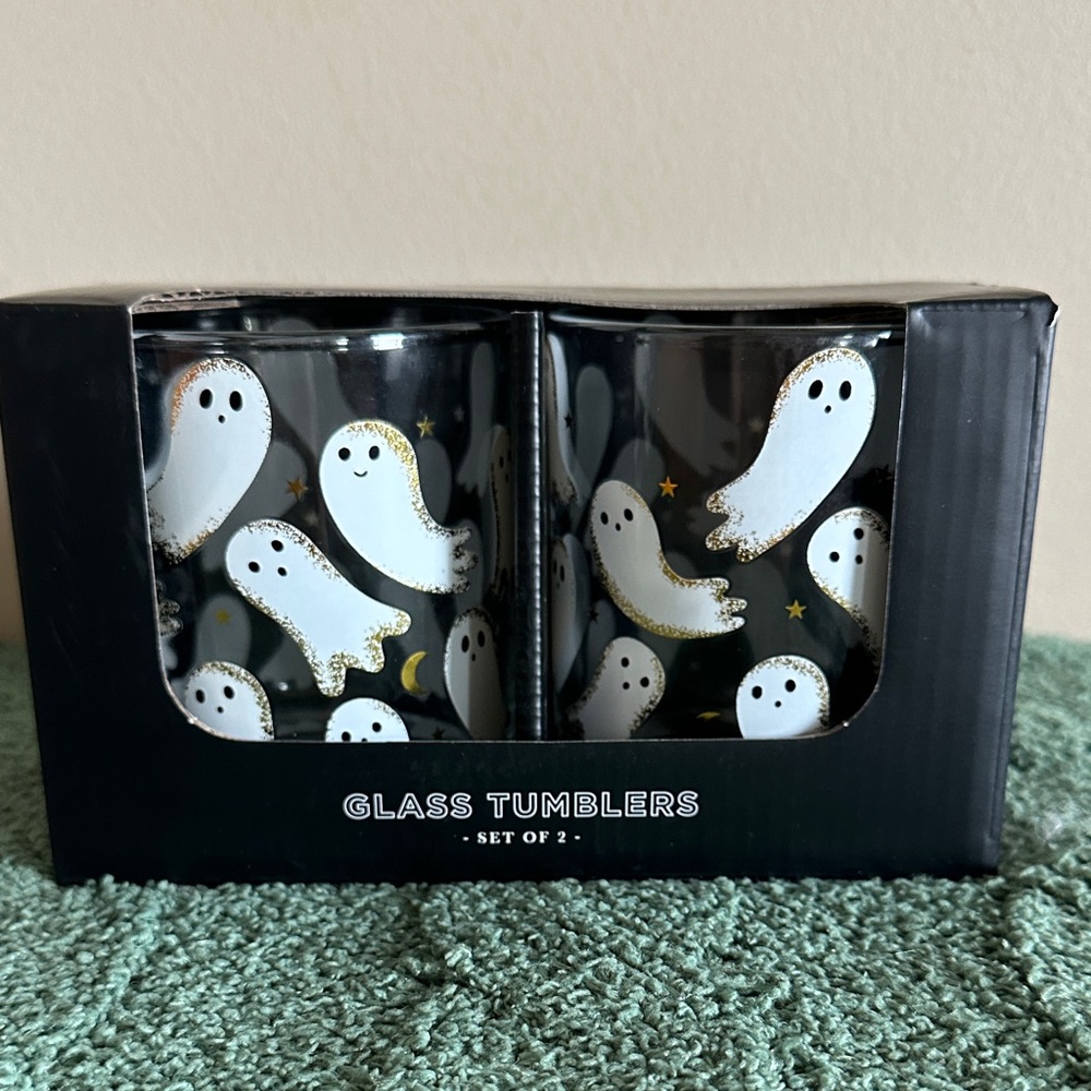 Elum Ghost 👻 Glass Tumblers Set of 2 White & Gold NEW!